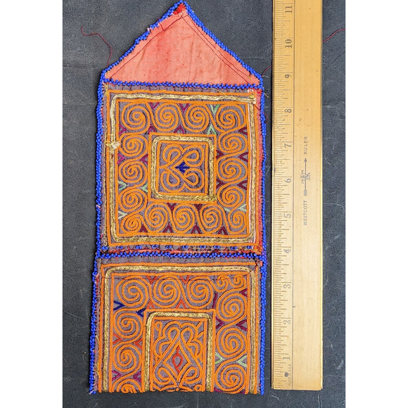 Kuchi Embroidered Pouch Wallet Central Asian Handmade Beaded Orange Swirls - Picture 2 of 6
